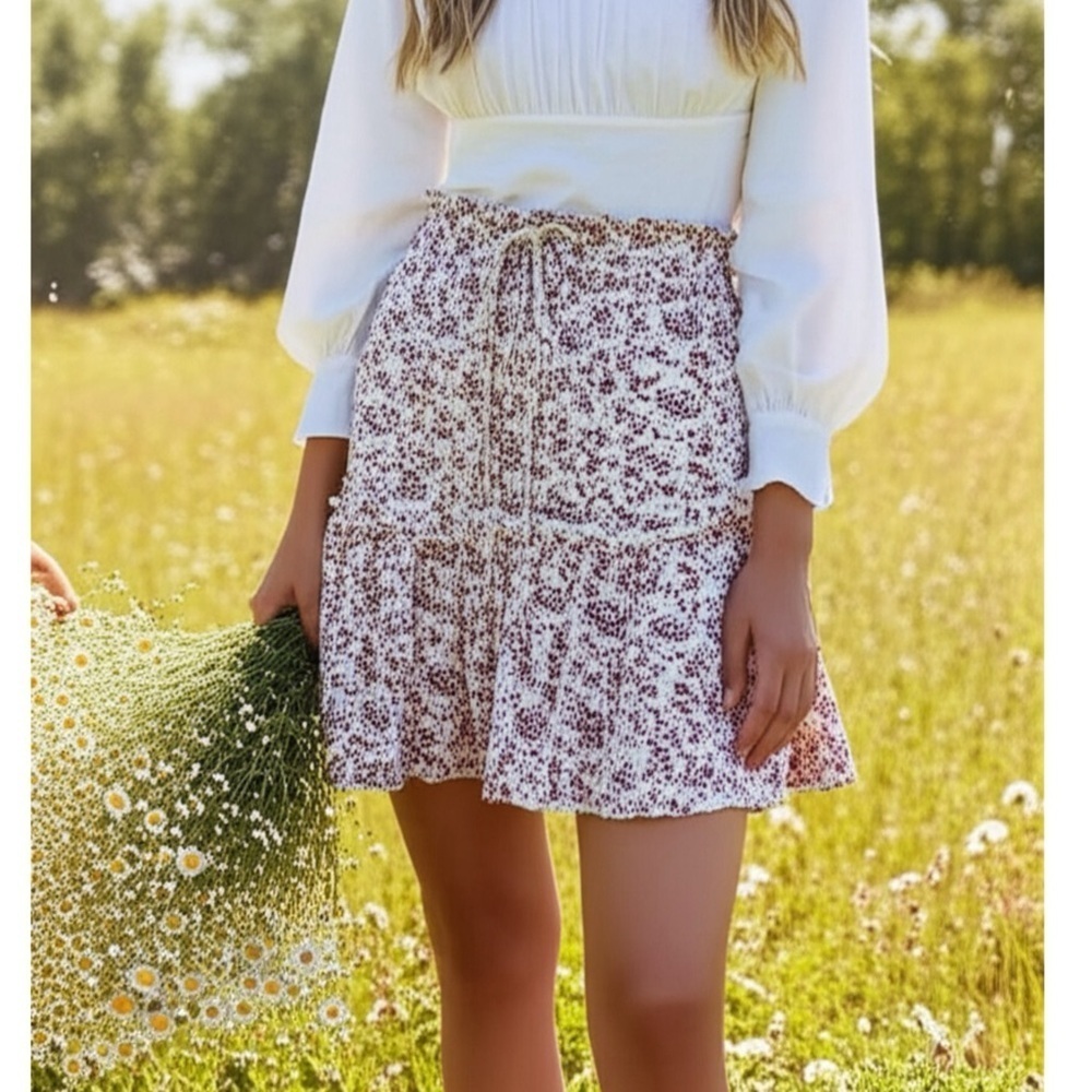 Nwt Paper Crane Cottage Core Pull On Skirt Floral Ruffle Lined Mini Womens Large